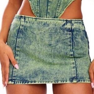 PrettyLittleThing Womens Green Blue Acid Wash Denim Mini Skirt Size 4 High Waist